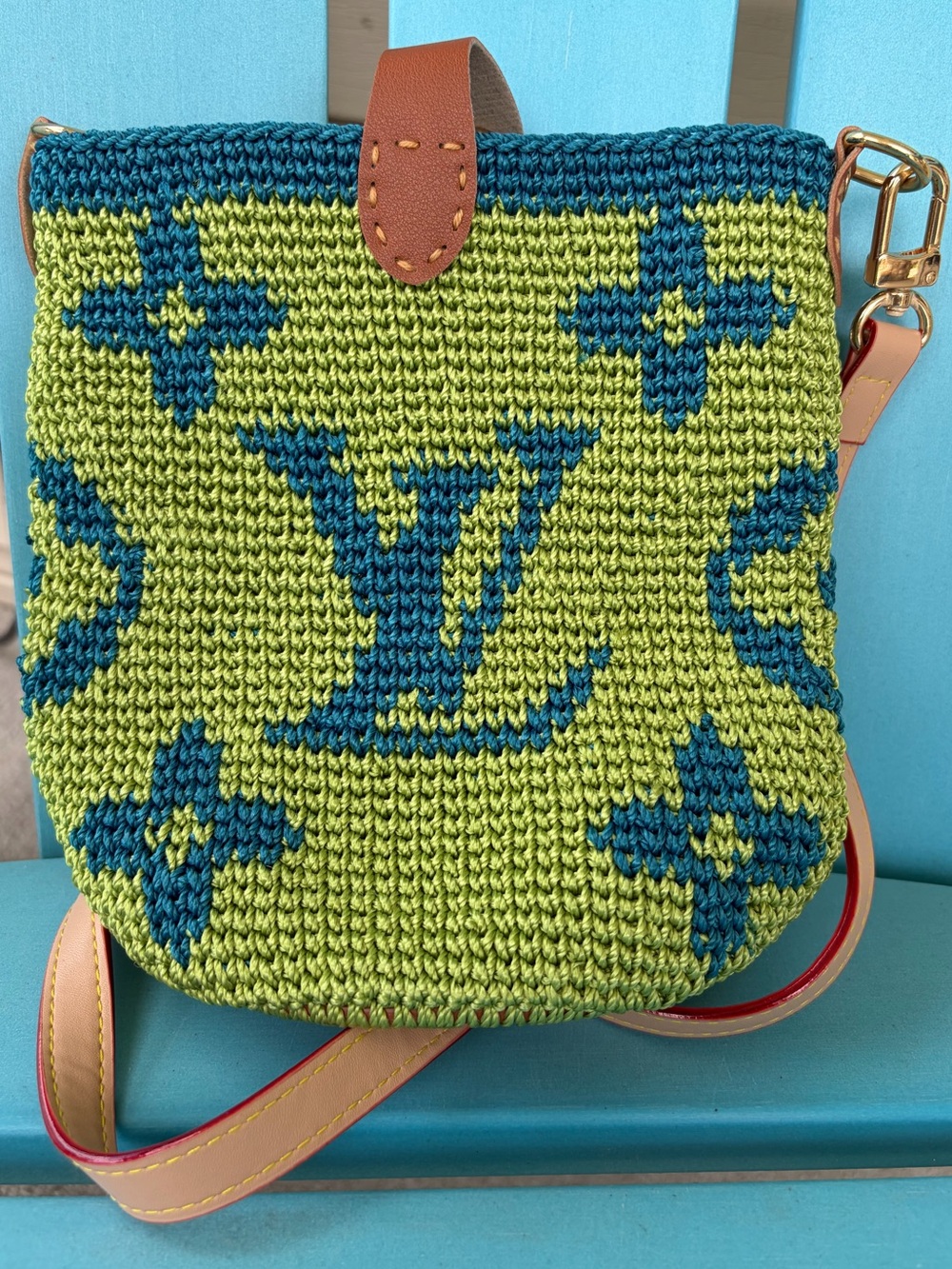 Crochet LV designer bucket bag crossbody purse green blue brown NWOT - Picture 4 of 9